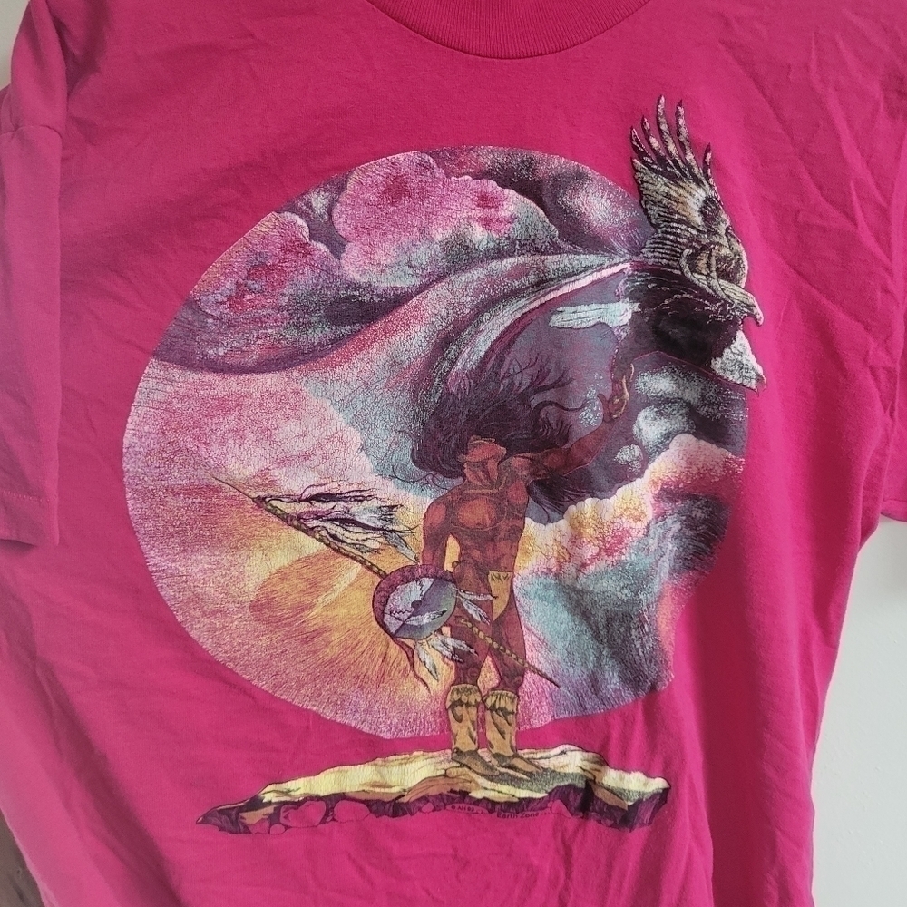Vintage Single Stitch Pink Short Sleeve Shirt Graphic Tee Native Indian XL